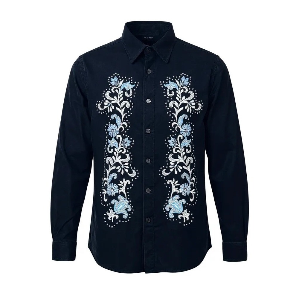 ASOS Mens Long Sleeve Button Up Shirt paisley embroidered shirt navy retro XXS